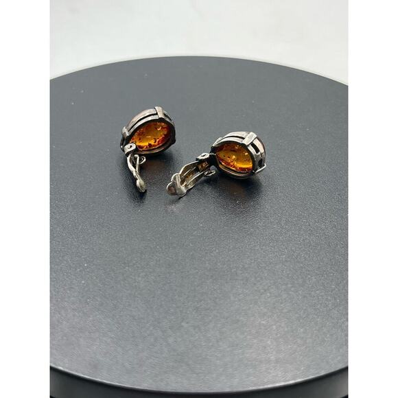 Sterling Silver 925 Prong Teardrop Shape Glowing Amber Stud Clip On Earrings - Picture 10 of 13